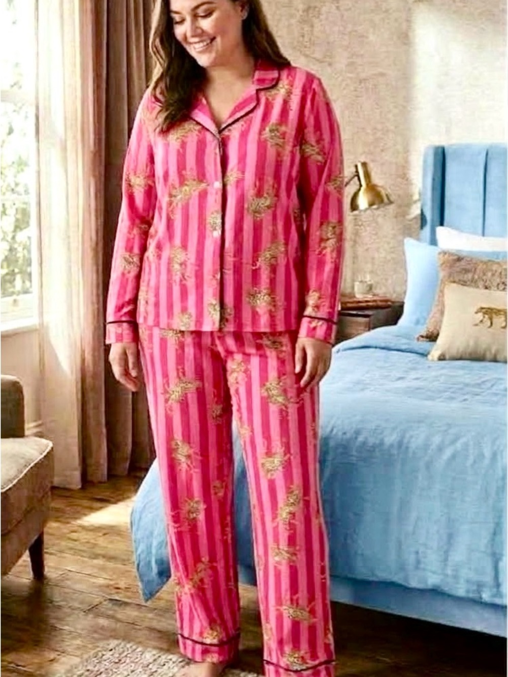 Room Service Pink Leopard Collar Pajama Sets in XL and 2XL Sizes, Barbiecore